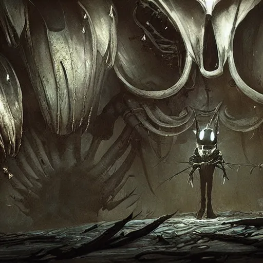 Image similar to extremely detailed cinematic movie still hollow knight by denis villeneuve, wayne barlowe, simon birch, marc simonetti, philippe druillet, beeple,