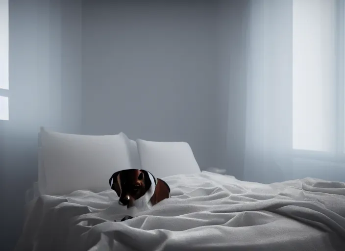 Image similar to photography of a Jack Russel watching outside the window on a bed in a 3d rendered white room, octane render, 3d, foggy, volumetric light, volumetric fog, photorealistic, unreal engine 5, award winning photo, 100mm, sharp, cloth, high res