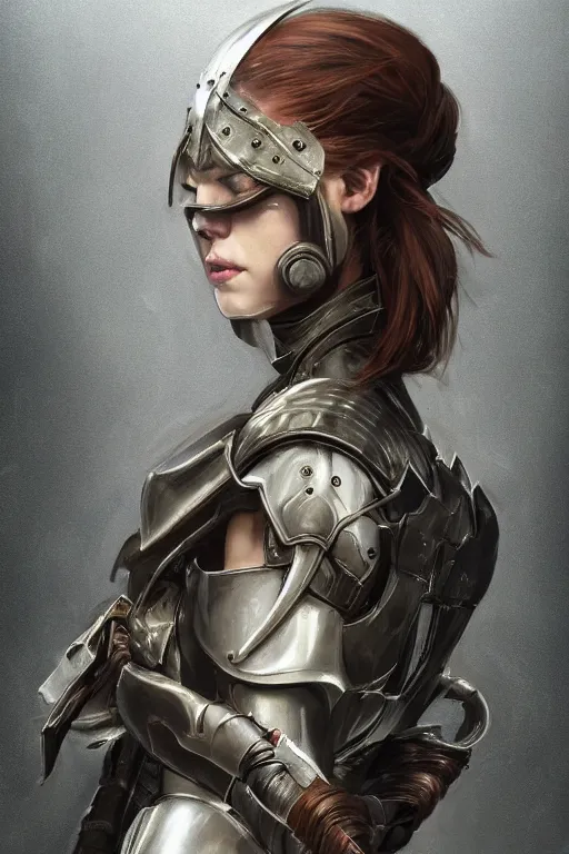 Image similar to a portrait of an attractive young woman, clothed in battle armor, olive skin, long dark hair, beautiful bone structure, symmetrical facial features, intricate, elegant, highly detailed, digital painting, trending on Artstation, concept art, smooth, sharp focus, illustration, from Metal Gear by Ruan Jia and Mandy Jurgens and Artgerm and william-adolphe bouguerea, highly detailed, trending on artstation, award winning