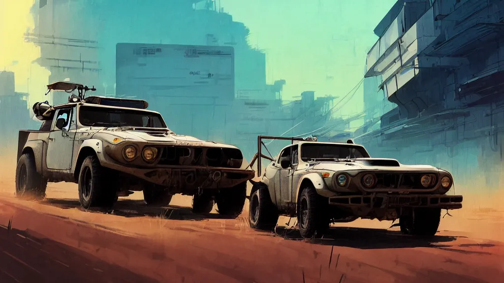 Image similar to digital illustration of mad max's fj 4 0 pursuit special, the last v 8 interceptor driving down a deserted cyberpunk highway in the middle of the day by studio ghibli, anime style year 2 0 9 3, by makoto shinkai, ilya kuvshinov, lois van baarle, rossdraws, basquiat