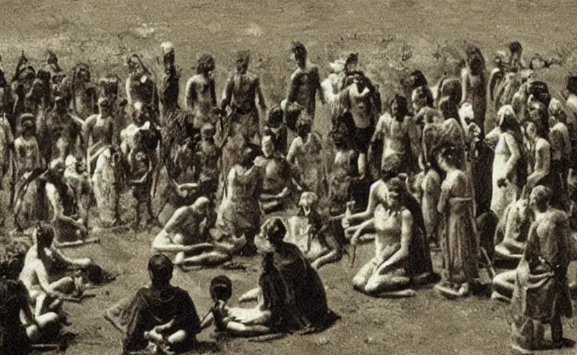 Image similar to old photograph of a ritual by an ancient cult