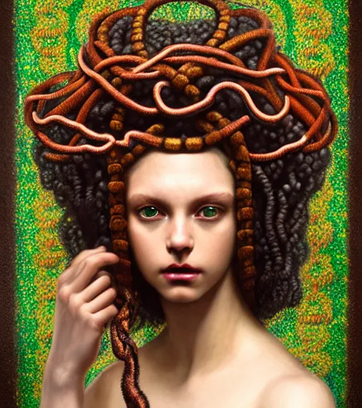 Prompt: portrait of alopecia naughty teen medusa, vipers grow from her head, wearing an embroidered rusty tunic, dark background, intricate, elegant, copper and emerald jewelry, glowing lights, highly detailed, digital painting, artstation, concept art, smooth, sharp focus, illustration, art by wlop, mucha, artgerm, and greg rutkowski