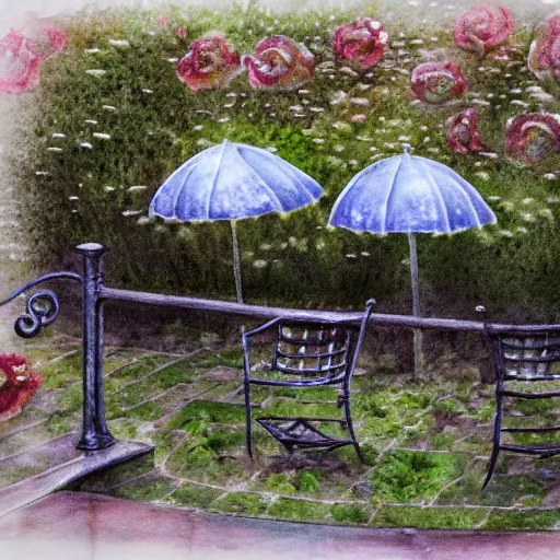 Prompt: delicate rain, toad, chairs, garden, paved, botanic watercolors, iridescent, 8 k, realistic shaded, fine details, artstation, italian, iron gate, tree, mediterranean