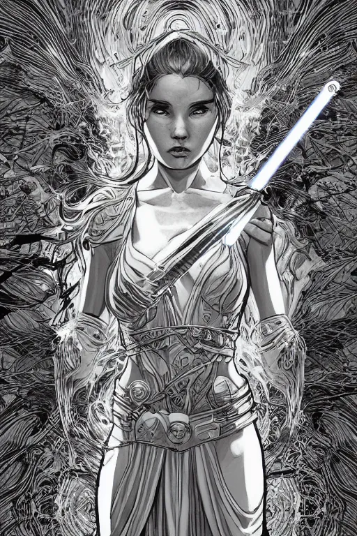 Image similar to ethereal gold and silver tones, jedi warrior princess, full body, style of moebius, james jean, mcbess!!!!!, cinematic, highly detailed, award winning, 8 k photorealistic