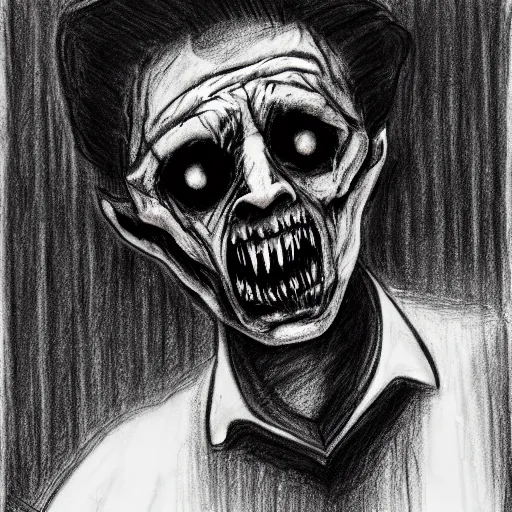 Image similar to a scary horror themed uncle, drawn with charcoal and pen and ink, half-tone-line-stacking