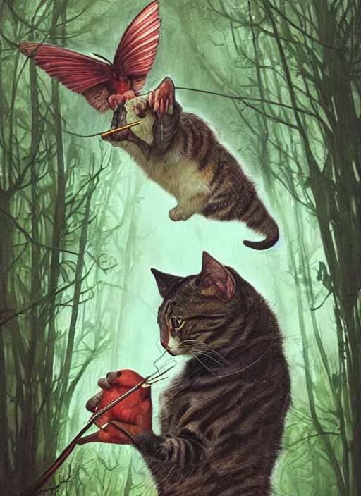 Image similar to a hyper realistic illustrated cat with playing with a hummingbird on its paw in the woods gorgeous lighting, lush forest foliage painting by chiara bautista and beksinski and norman rockwell and greg rutkowski weta studio, and lucasfilm