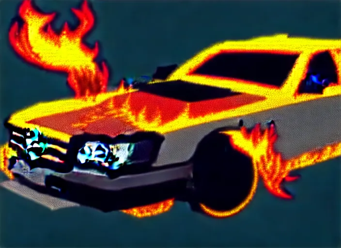 Image similar to burning wrecked mercedes 1 2 4, pixelart by kirokaze, award winning. dramatic. trending on artstation. very low quality, low resolution sync by honeybunny