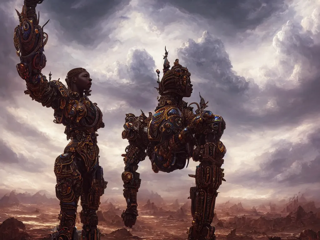 Prompt: a beautiful oil on canvas of a futuristic afrofuturistic warrior, ornate, detailed, intricate, beautiful, stunning, post - apocalyptic landscape in the background, epic sky, vray render, artstation, deviantart, pinterest, sci - fi, afrofuturism, 5 0 0 px models