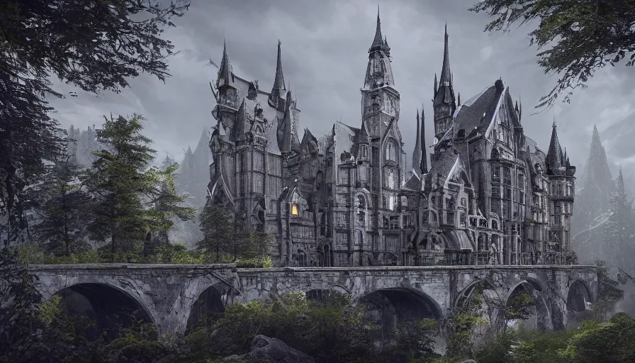 Prompt: Huge Neo-Gothic castle with bridges build in the forest, hyperdetailed, artstation, cgsociety, 8k