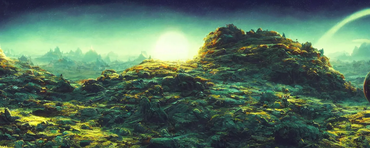 Image similar to ” outer planet landscape, [ cinematic, detailed, epic, widescreen, opening, establishing, mattepainting, photorealistic, realistic textures, octane render, art by paul lehr ] ”