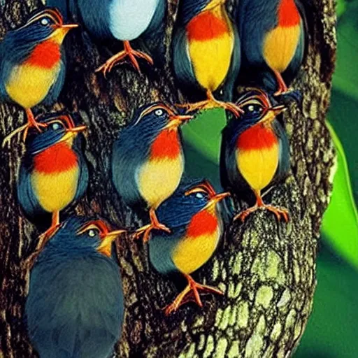 Prompt: “beautiful multicolor catbirds from Papua New Guinea, photo from National Geographic”