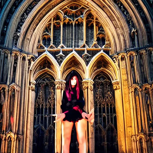 Image similar to landscape gothic girl dressed in black, perfect face, macro head shot, behind her a gothic cathedral, the windows of the cathedral are reflecting red flame lights, delicate mandala intricate ornaments
