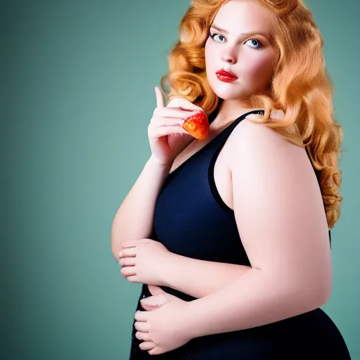 Prompt: a curvy, radiant, bubbly, 2 5 - year - old canadian plus - size model, long strawberry - blond hair, creamy skin, portrait, 8 5 mm canon f 1. 2 lens, inspired by rolf armstrong photography