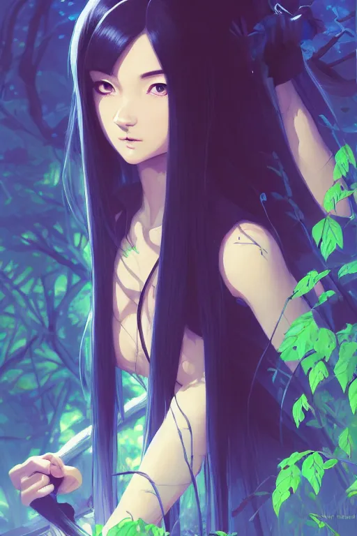 Image similar to a beautiful girl with long dark hair, wearing a ninja uniform, forest background, intricate, highly detailed, digital painting, artstation, official media, anime key visual, concept art, rich vivid colors, ambient lighting, sharp focus, illustration, art by Artgerm, Makoto Shinkai, Ilya Kuvshinov, Lois Van Baarle, and Rossdraws