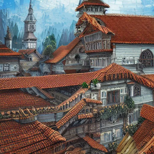 Image similar to traditional city with tiled roofs surrounded by a wooden wall, texture, intricate, details, highly detailed, masterpiece, architecture, building, trending on artstation, focus, sharp focus, concept art, digital painting, fantasy, sunny, day, midday