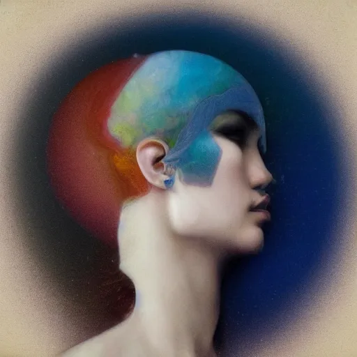 Prompt: A beautiful mixed mediart of a person in profile, with their features appearing both in front of and behind their head. niello inlay by Lori Earley, by Tom Bagshaw, by Franco Fontana distorted