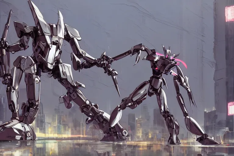 Prompt: late 2 0 1 0 s cg anime screenshot of a sleek, slender, human - scale mecha suit defending the city streets, fighting a mutant monster, designed by hideaki anno, drawn by tsutomu nihei, and painted by zdzislaw beksinski