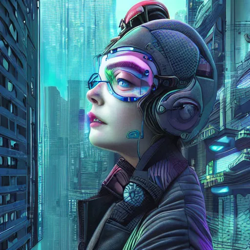 Prompt: a striking hyper real illustration of cyberpunk Elle Fanning by Josan Gonzalez