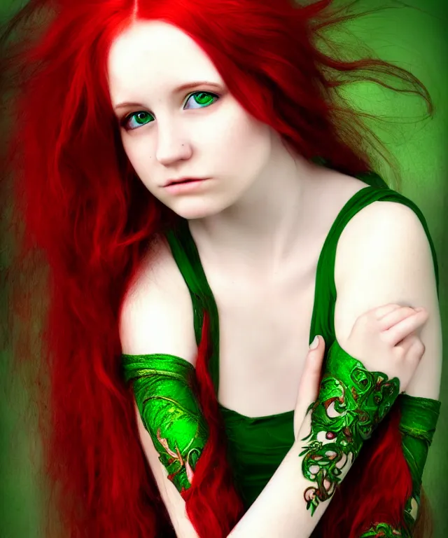 Image similar to Fae teenage girl, portrait, face, long red hair, green highlights, fantasy, intricate, elegant