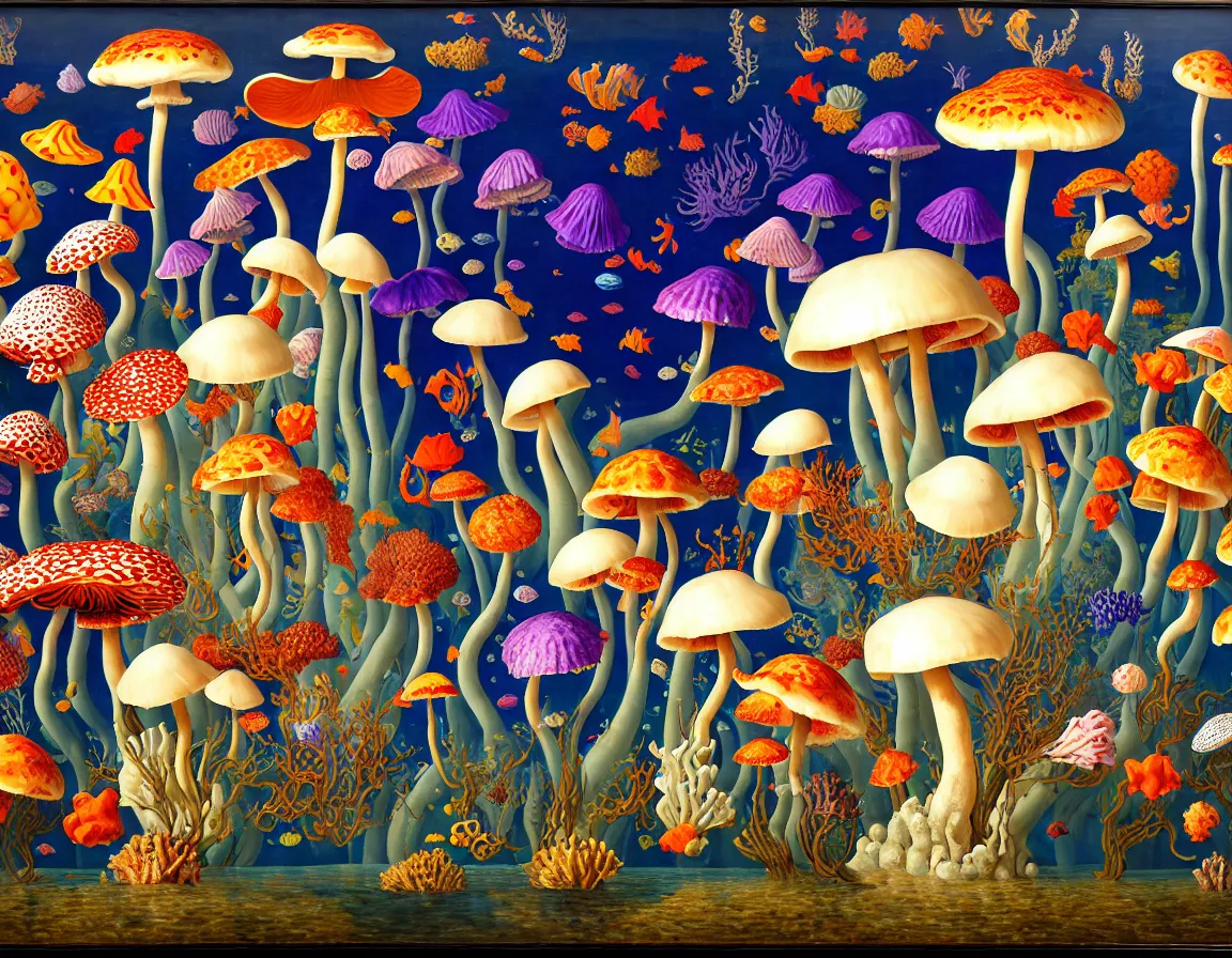 Prompt: vase of mutant mushrooms in the sky and under the sea decorated with a dense field of stylized scrolls that have opaque purple outlines, with mutant koi fishes and sponges, ambrosius benson, oil on canvas, hyperrealism, light color, no hard shadow, around the edges there are no objects