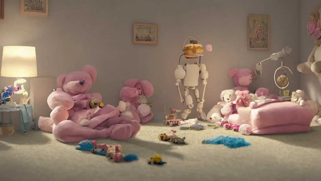 Image similar to a Photorealistic hyperrealistic render of an interior of a beautifully decorated spoiled child's beautiful bedroom, Close up low angle view of a vintage wind up toy robot on the floor with a giant teddy bear sitting on the bed by PIXAR,Greg Rutkowski,WLOP,Artgerm,dramatic moody sunset lighting,long shadows,Volumetric, cinematic atmosphere, Octane Render,Artstation,8k