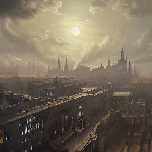 Image similar to Hyper realistic painting of a victorian city covered my smog, dark fantasy, dark clouds above with moonlight shining through them, industrial buildings, view from above, by Greg Rutkowski