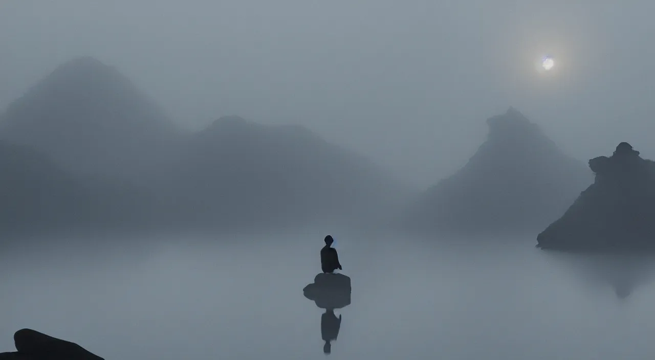 Image similar to anderson debernardi painted style a one silhouette of a meditating monk sitting in the fog on a stone protruding from the water in the rays of the morning sun