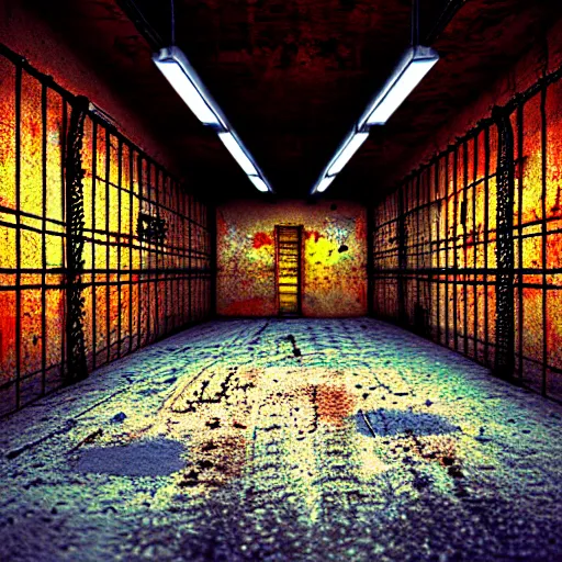 Image similar to underground prison, corroded metal bars, concrete, colorful tapestries, rugs, concept art