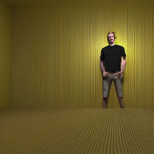 Prompt: 3 d render of jerma 9 8 5, jerma in a liminal space, non - euclidean space, endless halls of an office space, worn mono - yellow 7 0 s wallpaper, old moist carpet, inconsistently - placed fluorescent lighting, high octane, blender, 3 d render