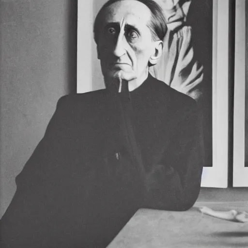 Prompt: underexposed photo of Marcel Duchamp in a room with an ancient machine, Kodachrome, Edward Weston and Gustave Doré, in the style of Viviane Sassen, archival pigment print, contemporary art