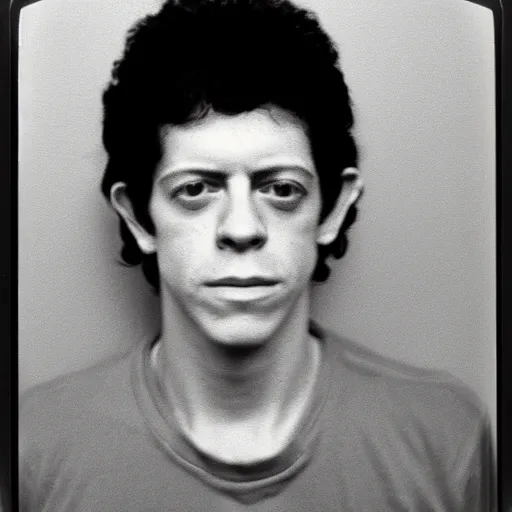 Image similar to Mugshot Portrait of Young Lou Reed, taken in the 1970s, photo taken on a 1970s polaroid camera, grainy, real life, hyperrealistic, ultra realistic, realistic, highly detailed, epic, HD quality, 8k resolution, body and headshot, film still, front facing, front view, headshot and bodyshot, detailed face, very detailed face