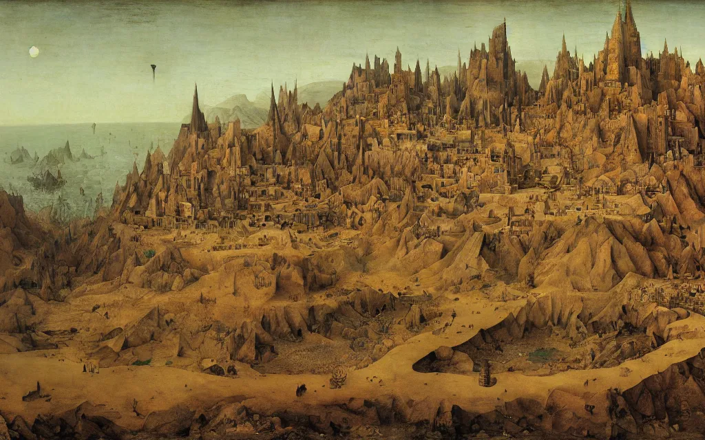 Image similar to grand palace of arrakeen on jodorowski's dune by pieter bruegel the elder and zdzisław beksinski, intricate details, trending on artstationhq and wikiart,