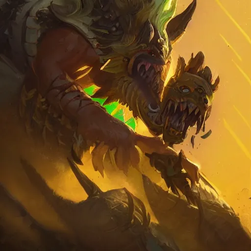 Prompt: a beast rider, warrior sitting, beast rider, yellow theme, bright art masterpiece artstation. 8 k, sharp high quality artwork in style of jose daniel cabrera pena and greg rutkowski, concept art by tooth wu, blizzard warcraft artwork, hearthstone card game artwork, beast rider