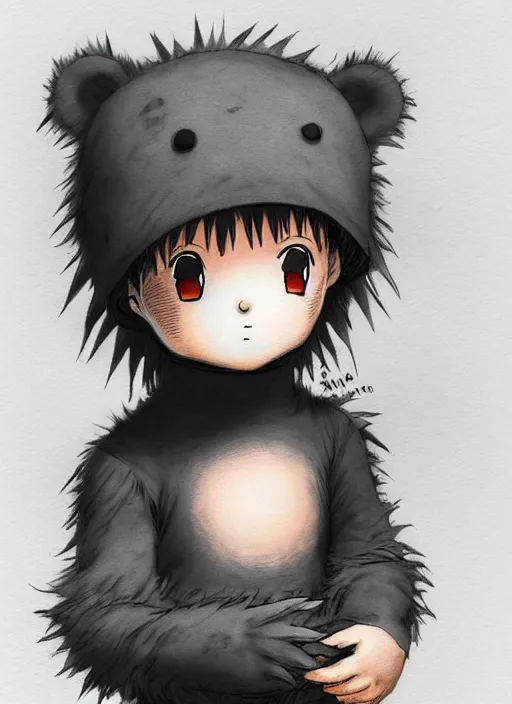 Image similar to beautiful little boy wearing an cyborg bear suit, artwork in kentaro miura and made in abyss and rosdraws, smooth, beautiful lightness, anatomically correct, trending on pixiv, forest