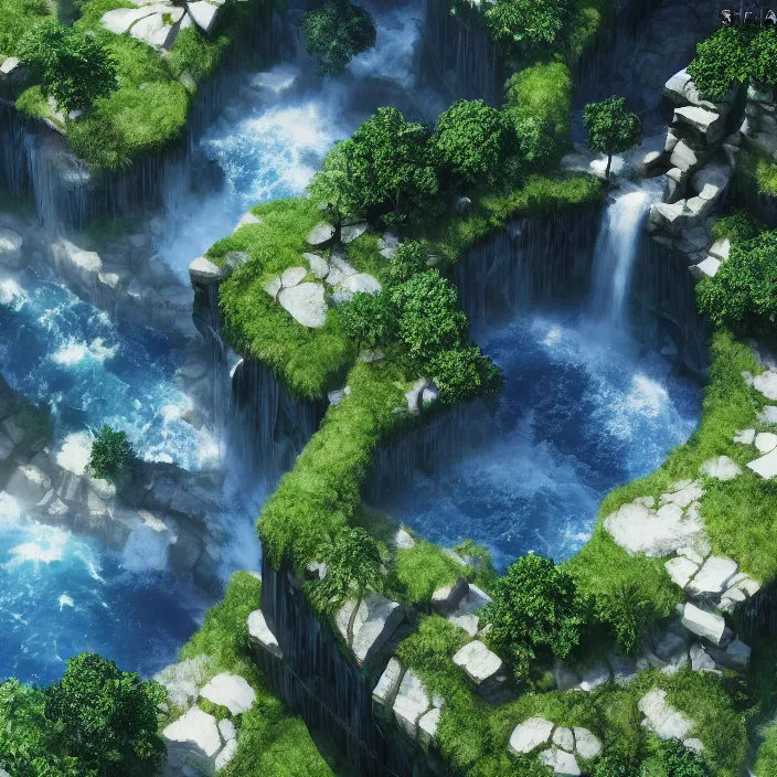 Prompt: an epic makoto shinkai landscape with a waterfall, spirals, aerial view, ultra smooth, octane render