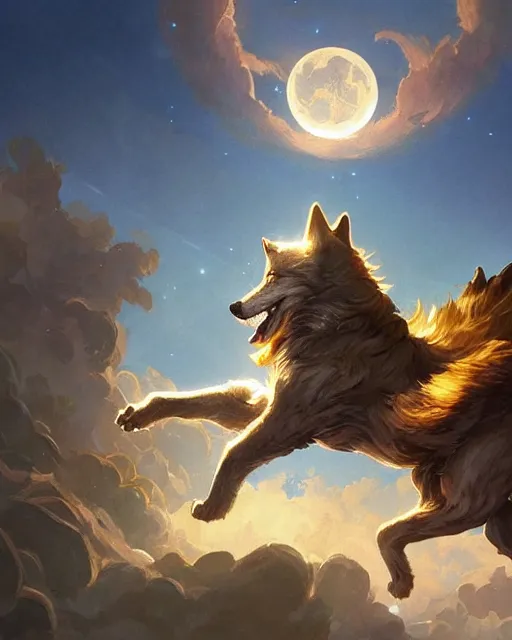 Image similar to '' Illustration of giant gold wolf chasing the moon through the sky, league of legends, LOL, fantasy, d&d, digital painting, artstation, concept art, sharp focus, illustration, art by greg rutkowski and alphonse mucha ''