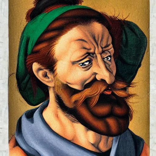 Image similar to portrait painting of angry Michelangelo di Lodovico with topknot in the style of japanese cartoon