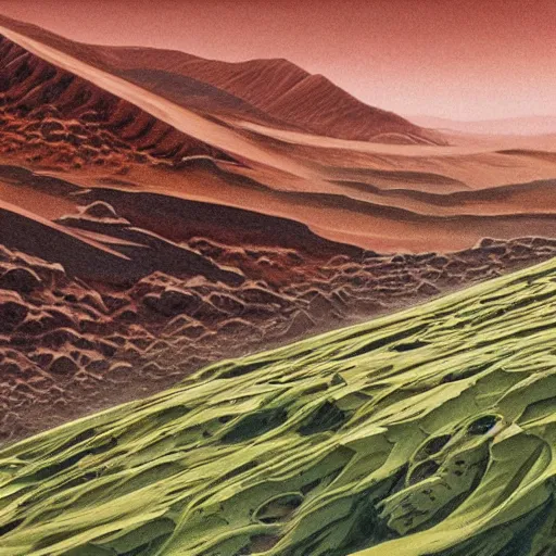 Image similar to detailed details photorealistic image of the latest green map of mars after terraforming in the style of moebius and alex ross, gouache and wash paints color, detailed details facial and body and human and environments and proportionate, detailed 5 k details.