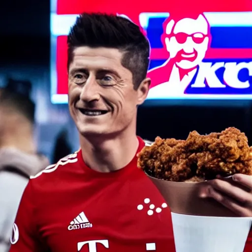 Image similar to a still frame of robert lewandowski during a huge kfc chicken food mukbang