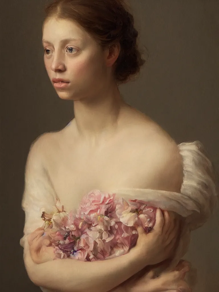 Prompt: realistic painterly portrait of one beautiful young lady in the style of rachel ruysch, natural window lighting, oil painting, bared shoulders, beauty portrait,