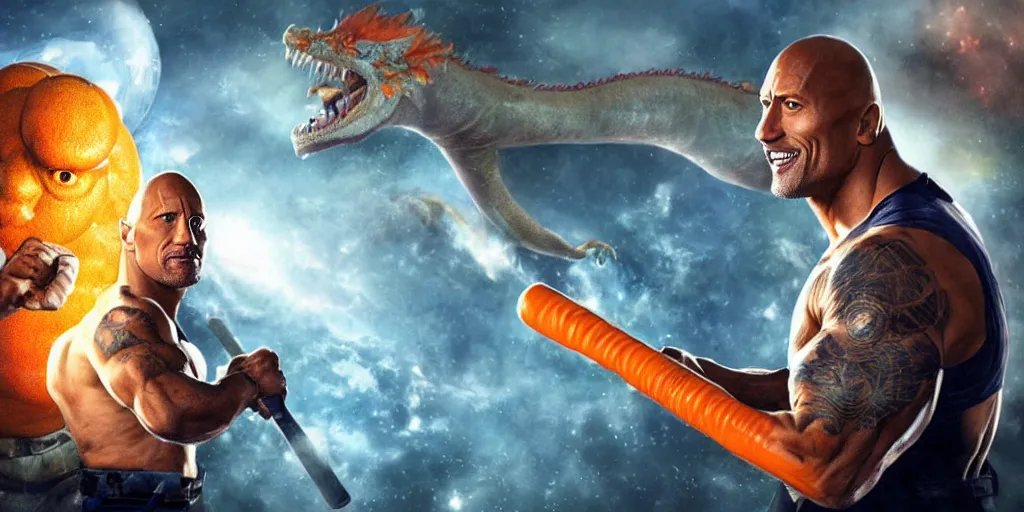 Prompt: concept art of dwayne johnson with a baseball bat fighting an orange dragon outside a space station
