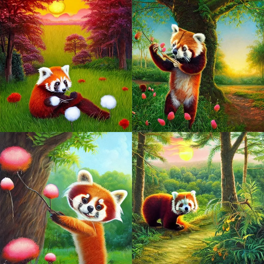 Prompt: cute red panda eating cotton candy, on a lush forest floor with pretty trees, sunset, flowers, plants and grass, with the sun shining on it, oil painting in the style of Thomas Kinkaid