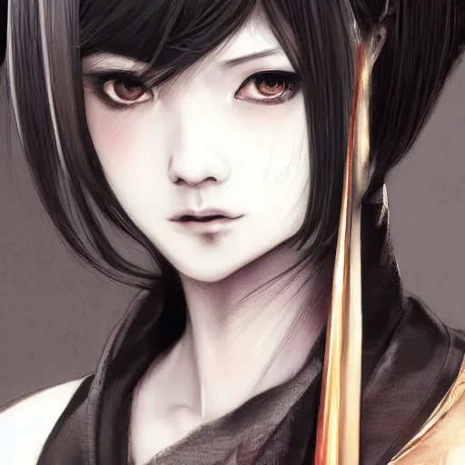 Image similar to heroine, beautiful, sui ishida with black hair, hyperrealistic, highly detailed, 8 k, a real photographic, digital art, character, realistic, portrait, female samurai, symatrical, dark atmospheric lighting, artstation, symetric, lineart