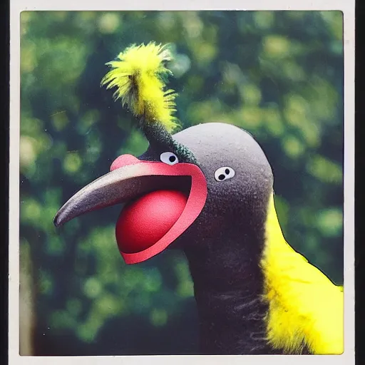 Image similar to horrifying corrupted rotten Big Bird captured on polaroid