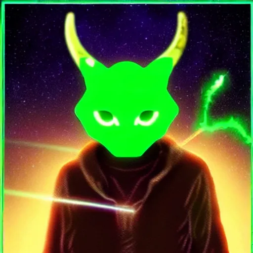 Image similar to Horned cat circuitboard alien, green laser light energy, uncanny devil creature, intelligent and cunning