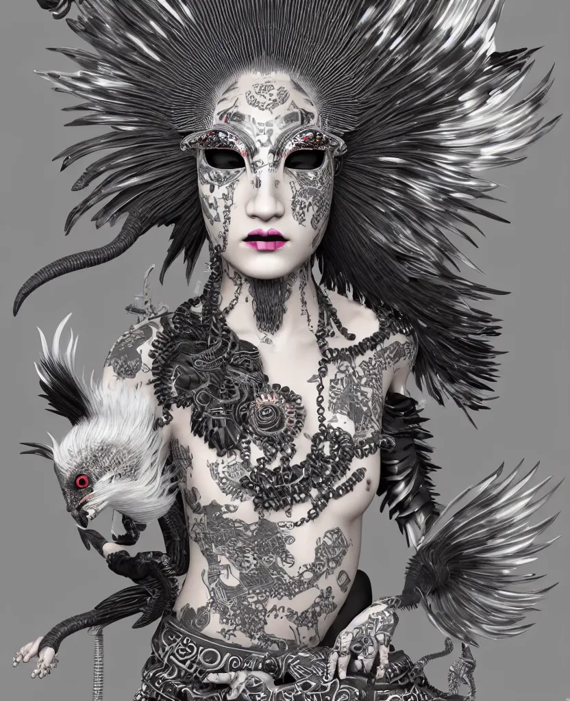 Image similar to 3 d goddess close - up profile portrait punk with mohawk with ram skull. beautiful intricately detailed japanese crow kitsune mask and clasical japanese kimono. betta fish, jellyfish phoenix, bio luminescent, plasma, ice, water, wind, creature, artwork by tooth wu and wlop and beeple and greg rutkowski