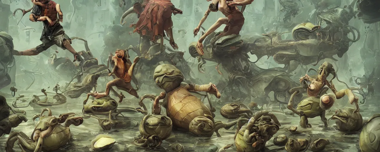 Image similar to duotone olive green snails illustration 3 / 4 portrait of gollum kun fu fighting with giant toxic snails chaotic composition accidental renaissance golden ratio. by sachin teng and sergey kolesov and ruan jia and heng z. graffiti art, scifi, fantasy, hyper detailed. octane render. concept art. trending on artstation