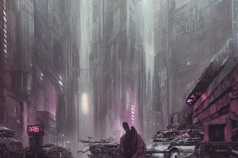 Image similar to highly detailed concept art of blade runner characters, dystopian post - apocalyptic retrofuturistic neon vibe, an ultrafine detailed painting by hans giger and wayne barlowe, trending on deviantart, pop surrealism, whimsical, lowbrow, perfect symmetrical face, sharp focus, octane, masterpiece