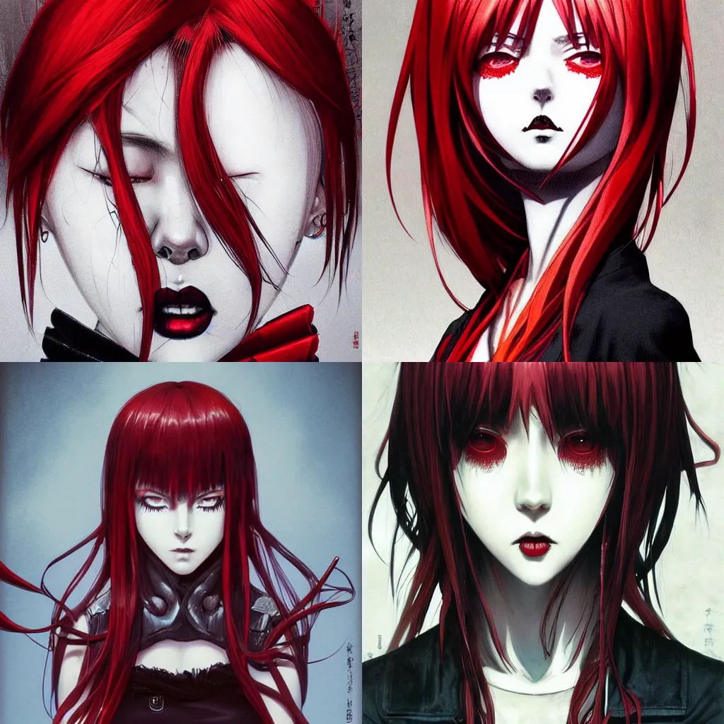 Prompt: highly detailed professional portrait of 9 0 s seinen manga art of badass goth woman with red hair, black makeup, and red eyes. chunibyo. manga cover promotional art. detailed and intricate environment. drawn by ilya kuvshinov and painted by zdzislaw beksinski