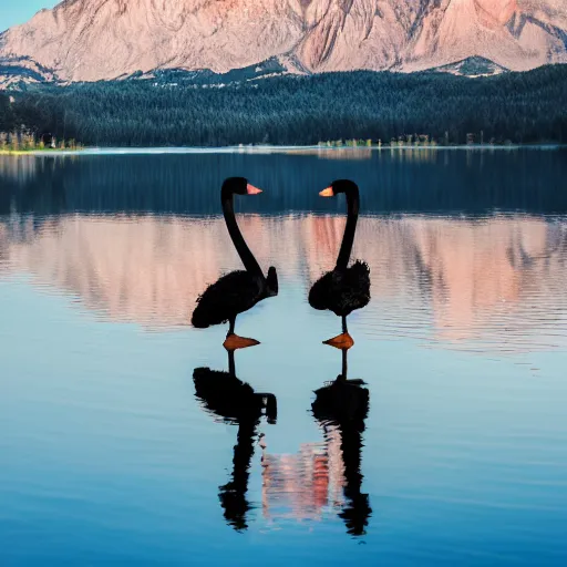 Image similar to photo of two black swans touching heads making a heart with their necks, in a beautiful reflective mountain lake, a colorful hot air balloon is reflecting off the water